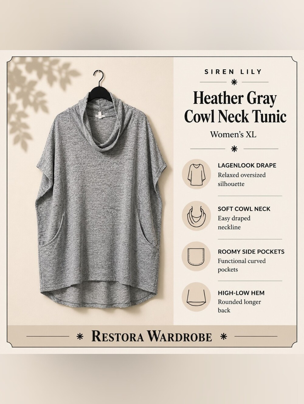 Siren Lily Lagenlook Cowl Neck Tunic Heather Gray Oversized Pockets XL